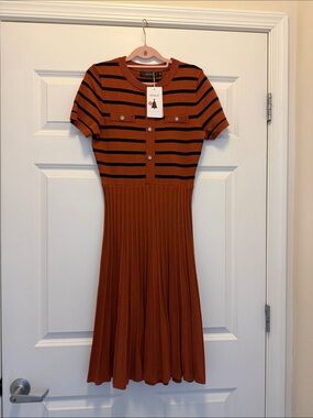 Striped Rust Knit Midi Dress with Button-Front Detail